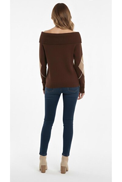 Cockatoo Women's Brown Beige Madonna Collar (Argyle) Argyle Pattern Open Shoulder Knitwear Sweater