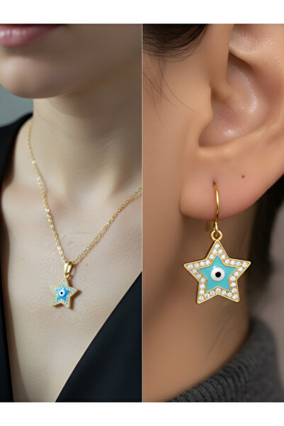 TURBİJ Nazar Star Blue Detail Women's Necklace Earring Set