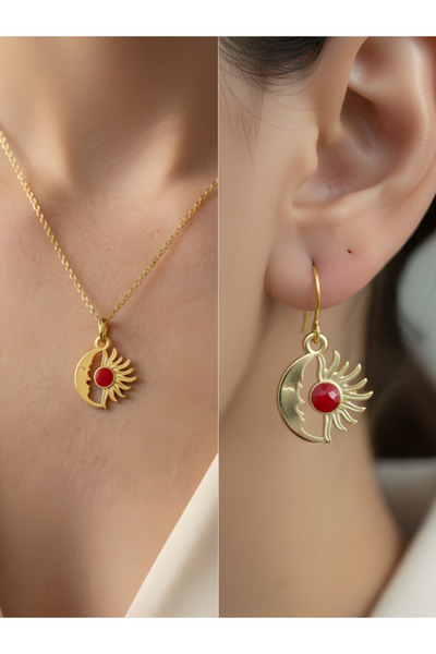 TURBİJ Red Stone Moon Sun Detail Women's Necklace Earring Set