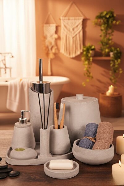 betonmall 11 Parça Mermer Desenli Beton Banyo Seti Sabunluk Diş Fırçalık Tepsi Çöp Kovası