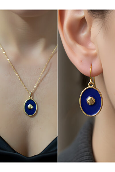 TURBİJ Navy Blue Oval Sea Shell Women's Necklace Earring Set