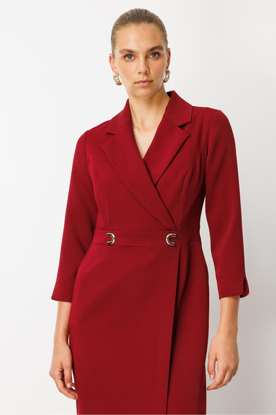 Moda İlgi Women's Waist Accessorized Pocketed Double-Breasted Dress 6626 Claret Red