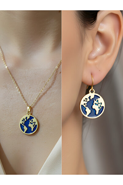 TURBİJ World Map Modern Detail Women's Necklace Earring Set