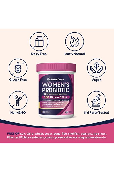 Doctor's Recipes Probiotics for Women, 100B CFU, 32 Strains, Prebiotic & Cranberry, 30 Caps