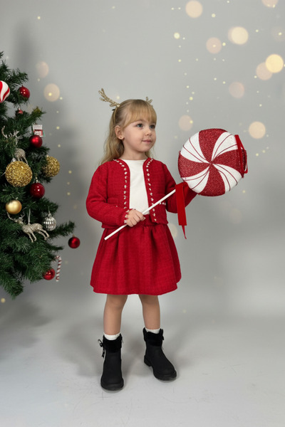 Magu Girl's Cotton Red Knitted Detailed Cardigan & Pleated Skirt Set