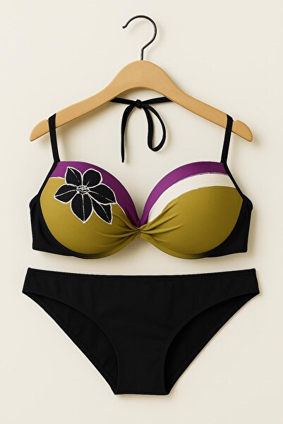 RAPAPA Women's Bikini Set – Khaki Purple Color Block Floral Pattern Top, Black Bottom 1156-1