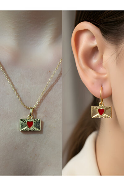 TURBİJ Heart Letter Detail Women's Necklace Earring Set