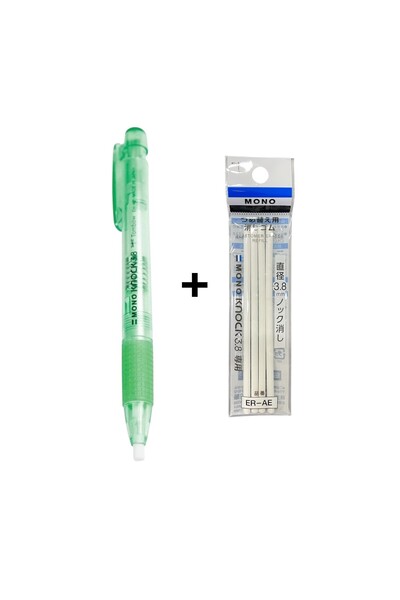 Tombow Mono Knock 3.8 Round Push Eraser Green and Set of 4 Refill Erasers