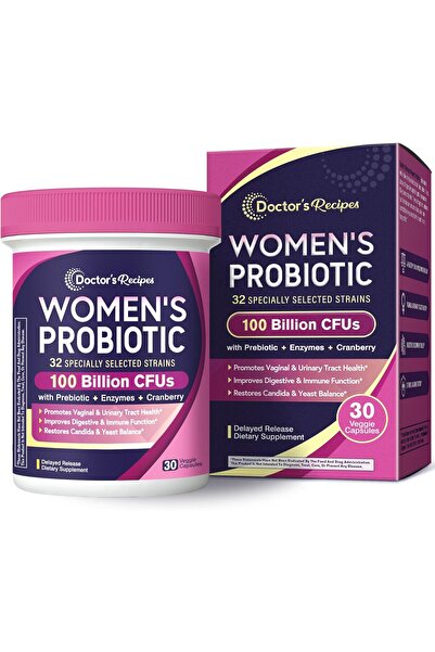 Doctor's Recipes Probiotics for Women, 100B CFU, 32 Strains, Prebiotic & Cranberry, 30 Caps
