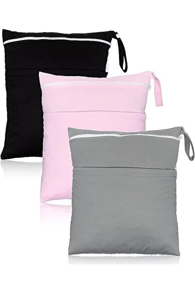 Tazweeq 3-Pack Waterproof Wet/Dry Baby Diaper Bags with Dual Zipper Pockets, Black