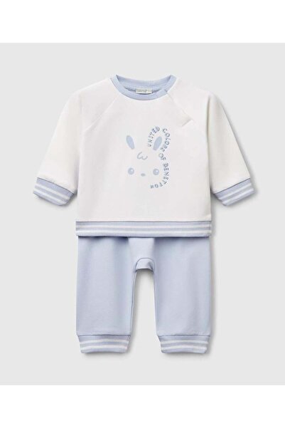 United Colors of Benetton Bebek Beyaz-Mavi Baskılı Reglan Kol Üst ve Beli Büz...
