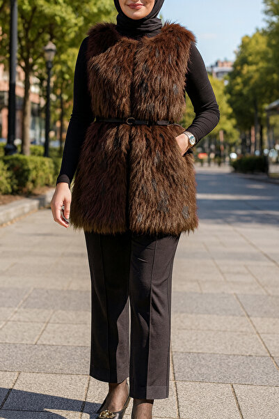 Lale Butik Fur Detail Lined Vest 15223 Brown