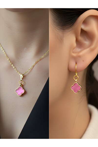 TURBİJ طقم أقراط وقلادة نسائية بتفاصيل أوراق الشجر الرباعية باللون الوردي