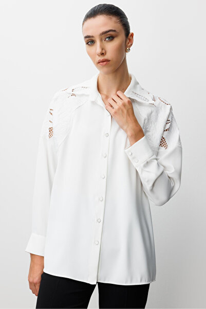Moda İlgi Women's Embroidery Detailed Oversized Shirt 0095 Ecru