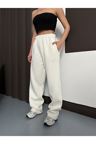 Ergün Women's High Waist Extra Loose Fit Adjustable Leg Opening Back Pocket 3-Thread Winter Trousers