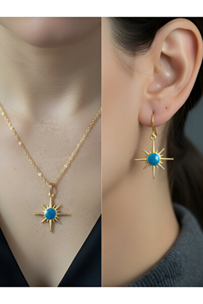 TURBİJ Blue Sun Sparkling Detail Women's Necklace Earring Set