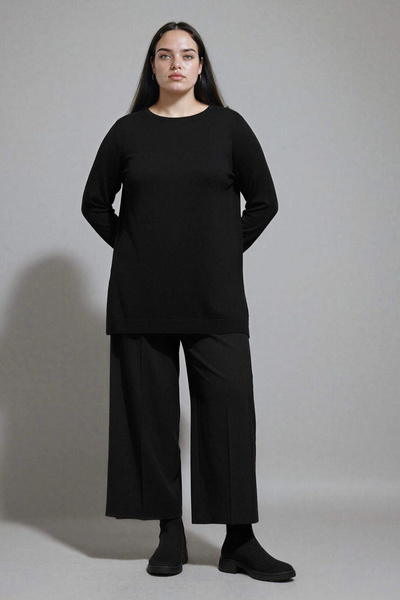 DeFacto H3431Azbk27 Black Regular Fit Crew Neck Slit Basic Plain Knitwear Sweater Tunic