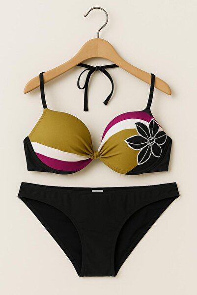 RAPAPA Women's Bikini Set – Floral Pattern Top, Khaki-Purple Color Block , Black Bottom 1156