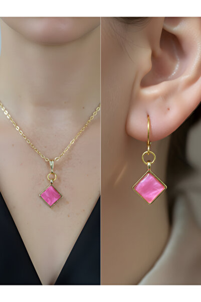 TURBİJ Pink Square Detail Women's Necklace Earring Set