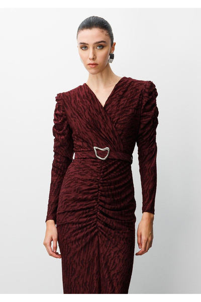 Moda İlgi Women's Double-Breasted Ruched Detail Jacquard Burnt Fabric Waist Belted Pencil Dress 0022 Claret Red