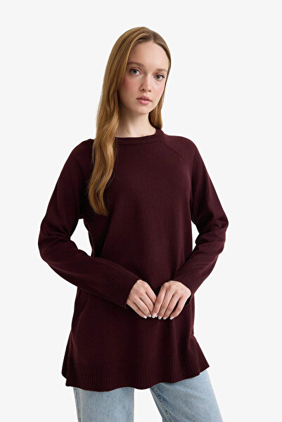 DeFacto C4474Axbr174 Burgundy Regular Fit Crew Neck Basic Plain Knitwear Sweater Tunic