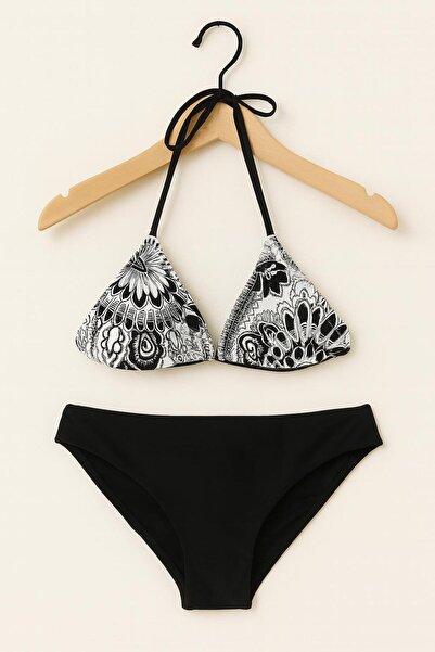 RAPAPA Women's Black and White Patterned Triangle Bikini Set – Halter Tie-Up, Plain Black Bottom 1101-03