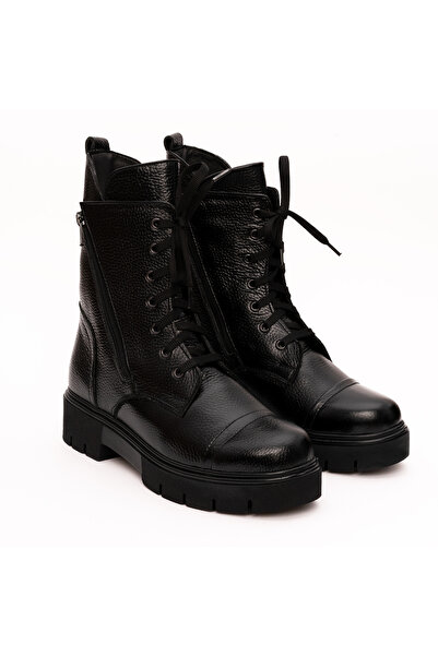 VAGAM Μαύρες μπότες από γνήσιο δέρμα με κορδόνια