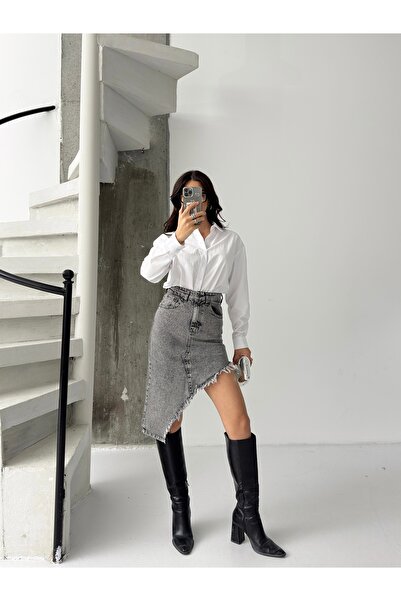 KENE JEANS Women's Skirt Tassel Asymmetric Denim Skirt