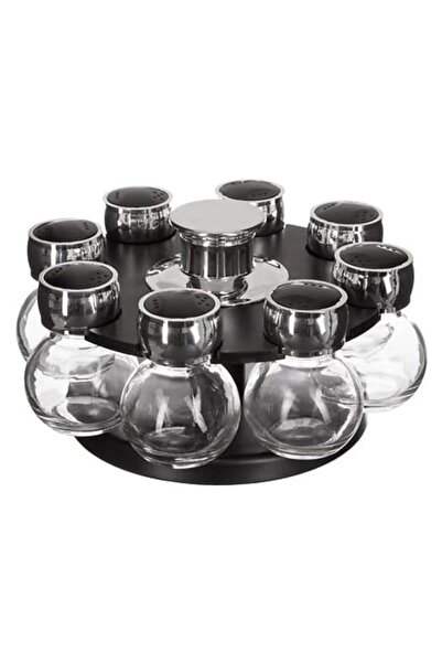 GENERAL Set of 8 Spice Jars with Rotating Stand, Glass and Metal-Look Lids, 21 cm, Black