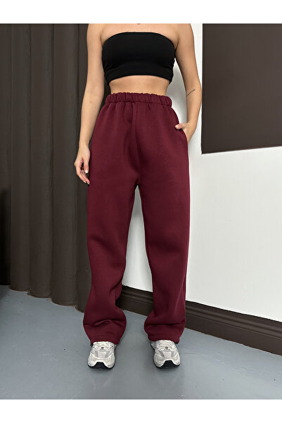 Ergün Women's High Waist Extra Loose Fit Adjustable Leg Opening Back Pocket 3-Thread Winter Trousers