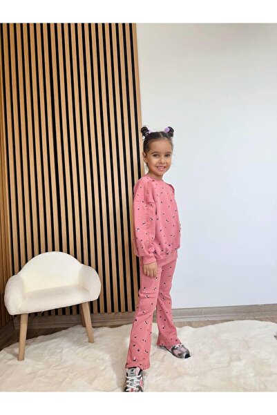 Magu Girls' Cotton Dusty Rose Mini Floral Pattern Sweatshirt & Flare Sweatpants Set
