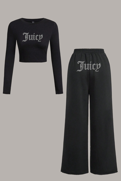 Bozz&Bozz Collection Women Juicy Crystal Stone Printed Tracksuit Blouse Crop Top Baggy Sweatpants Two Piece Set