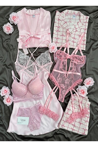 Lena Homewears Pembe Amor 7 Parça Dev Gecelik Sabahlık Pijama Iç Giyim Çeyiz Seti (Kutulu)