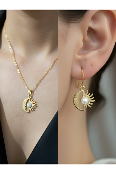 TURBİJ Moon Sun Pearl Detail Women's Necklace Earring Set