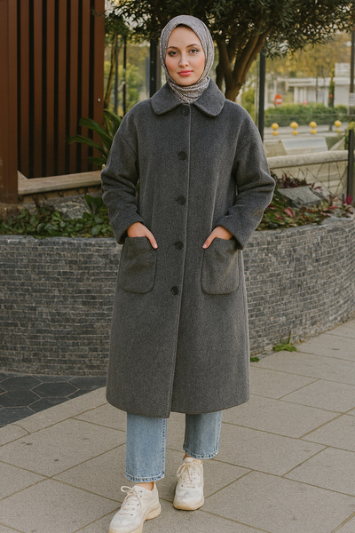 Lale Butik Button and Pocket Detail Long Cap Jacket 15220 Anthracite