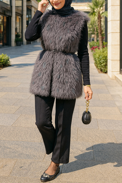 Lale Butik Fur Detailed Lined Vest 15223 Anthracite