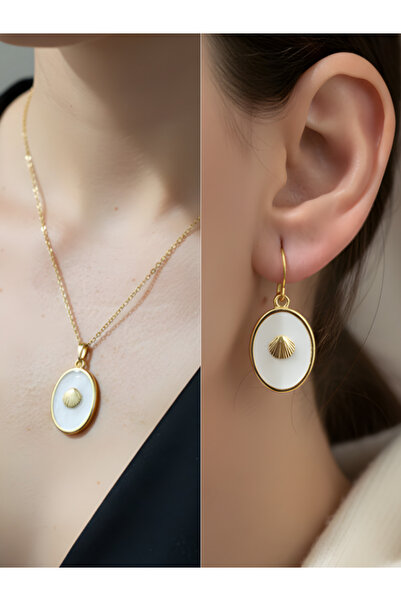 TURBİJ White Oval Sea Shell Detail Women's Necklace Earring Set