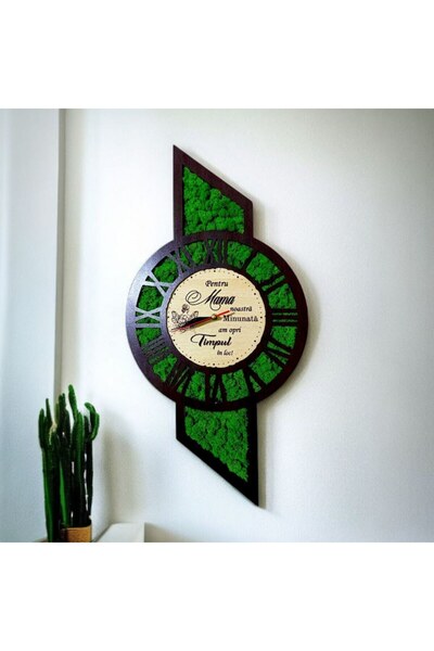 OEM Wall clock decorated with stabilized moss, gift for Mom, 60x30 cm, wenge
