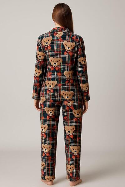 Pemilo Women's 0263 Buttoned Long Sleeve Suede Pajama Set Green