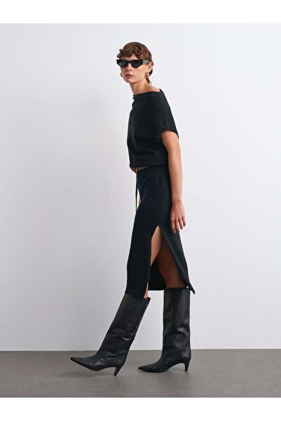 Serpirella Butik Asymmetrical Collar Wool Belted Knit Dress