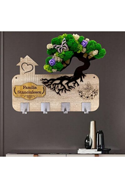 OEM Wall coat rack, personalized gift with stabilized moss and custom family-name message, 38x28 cm