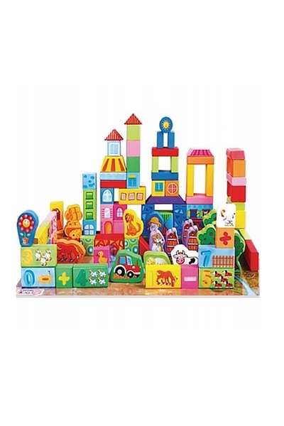 MATTELOT TOYS Cuburi din lemn pentru construit 100 piese, Ferma animalelor
