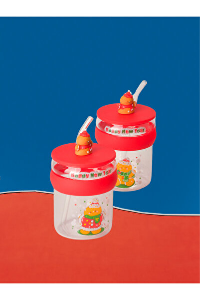 Tohana New Year Glass Mug with Straw Cookie Man
