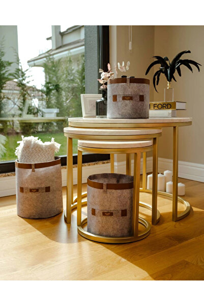 Epilons Leather Striped Round Multi-Purpose Organizer Organizer Box Felt Basket (Set of 3)