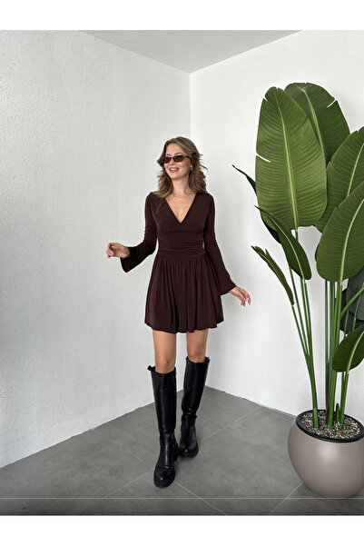 ELAYF فستان نسائي قصير بأكمام طويلة باللون البني مع شورت داخلي