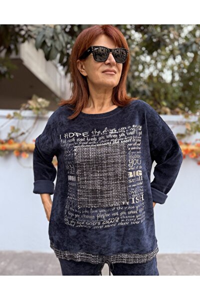 DenizEge Women's Italian Velvet Suit Navy Blue