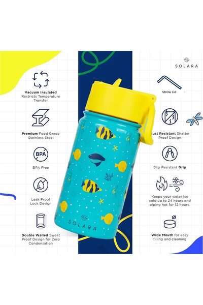 SOLARA 450 ml Insulated Kids Water Bottle with Sipper Straw — Fish Design