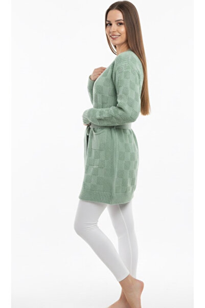 rushana Women's Belted Slim Fit Knit Pattern Knitwear Cardigan with Pockets