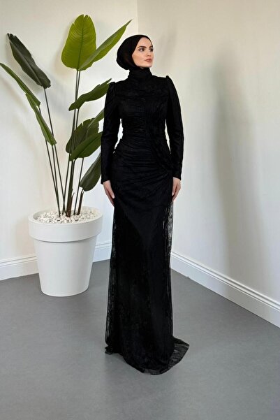MERVEN AKYÜZ Sahra Dantel Kumaş Astarlı Balık Abiye Siyah