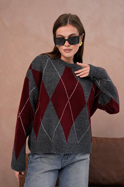 Noi Belis Oversized Large Argyle Pattern Knitwear Sweater Aw25Kz0093